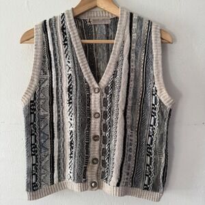Marsh Landing Vintage 3D Knit Sweater Button Vest Mens Medium Grey Cream